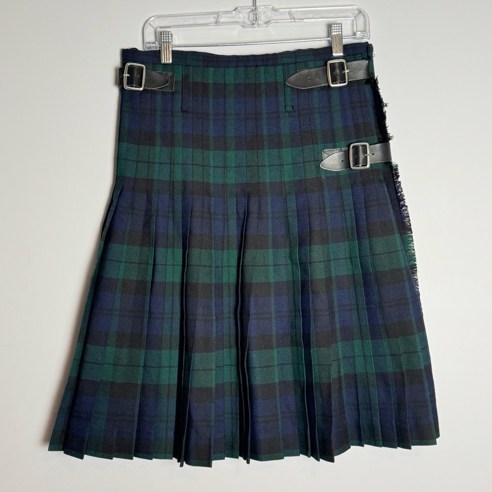 Hector Russell Tartan Plaid Pleated Kilt Skirt Scottish Blue Green Buckles